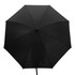 A black umbrella featuring a simple design and a logo on the handle.