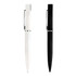A pair of pens in matte black and matte white, each featuring a silver clip and a sleek design.