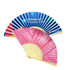 A bamboo paper hand fan with a blue gradient design on one side and a pink design featuring a floral pattern on the other.