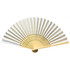 A bamboo hand fan with silver and gold tones, featuring a decorative perforated design and a wooden handle.