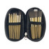 A zippered case containing nine makeup brushes with gold handles and black bristles, neatly organised inside.