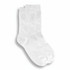 A pair of white lounge socks with a ribbed texture and rounded toes. The socks feature a branding logo.