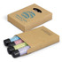 A box containing three bath salt tubes in pastel colours, featuring a logo on the front.
