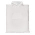 A hooded towel in white with a front pocket and fringe detailing, featuring a logo.