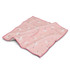 A medium-sized pink blanket featuring a floral pattern with white flowers and black dots, edged in a contrasting colour.
