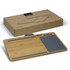A bamboo lap desk in natural colour with a grey area and a logo, positioned next to its cardboard packaging.