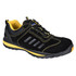A safety trainer in black with yellow accents, featuring a sturdy design and a protective toe cap.