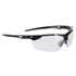A pair of transparent safety spectacles with black frames and a sleek design. Features a logo on the side.