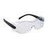 A pair of clear safety glasses with black arms and a sleek design. Features a logo on the frame.