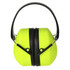 A bright yellow ear protector with a black band, featuring a logo on one side.
