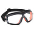 Slim safety goggle featuring clear lenses with black and orange detailing and an adjustable strap.