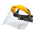 A protective browguard kit featuring a clear visor and a yellow and black adjustable frame. Includes a logo.