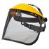 A yellow browguard with a mesh visor and adjustable straps, designed for protective headwear.