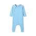 A light blue hooded organic cotton baby suit with long sleeves and a zip detail. It features a simple design and has a logo.