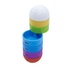 A multi-coloured pill tube featuring compartments for different days of the week, topped with a white lid.