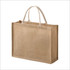 A jute tote bag in a natural tan colour with white handles and a rectangular shape. It features a simple design.