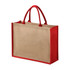 A tote bag featuring a natural linen body with bright red handles and trim. It has a plain design and no visible branding.