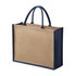A tote bag with a natural jute body and navy blue handles, featuring a simple, unembellished design.
