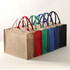 A set of tote bags in various colours: beige, red, green, blue, and black, each with two handles.