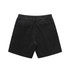 Black cord shorts with an elastic waistband and two back pockets, featuring a logo on the waistband.