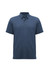 A navy blue short sleeve polo shirt with a collar and three buttons, featuring a logo on the chest.