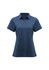 A women's short sleeve polo shirt in navy blue with a collar and buttons, featuring a logo on the chest.
