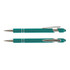 A teal stylus pen with silver accents, featuring a click mechanism and a removable cap. It has a branding logo.