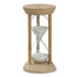 A bamboo hourglass with white sand, featuring a circular base and top, and a logo on the lid.