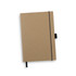 A kraft notebook with a black elastic closure and a ribbon bookmark. It features a logo on the cover.
