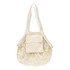 A small cotton mesh tote bag in cream colour with a solid front pocket and shoulder straps. It has a logo.