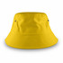 A yellow bucket hat with a wide brim and small ventilation holes, featuring a logo on the side.