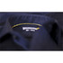 A close-up of a button-up shirt featuring a dark navy colour with a yellow bow detail inside the collar.