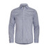A blue and white checked button-up shirt with a collar and long sleeves. It features a branded logo.