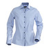 A light blue button-up blouse with long sleeves and black buttons, featuring a fitted design and a collar.