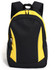 A black and yellow backpack with adjustable straps and a side mesh pocket. It features a zippered main compartment and a logo.