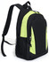 A black and lime green backpack with adjustable straps and a side mesh pocket. Features a zippered main compartment.