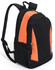 A black and orange backpack featuring a mesh side pocket and a logo. Suitable for promotional use.