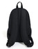 A black backpack featuring padded shoulder straps and a mesh side pocket, with a logo on the front.