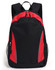 A black and red backpack featuring a logo, with adjustable straps and side mesh pockets.