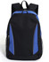 A black and blue backpack with adjustable straps and side mesh pockets. It features a logo on the front.