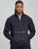 A unisex premium fleece half zip sweatshirt in navy, featuring a front pocket and a logo.
