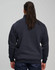 A navy unisex premium fleece half zip sweat with a relaxed fit and a logo on the back.
