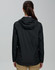 A waterproof unisex jacket in black with a hood, featuring a logo on the back.