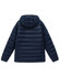 A navy blue adult's sustainable lightweight hooded puffer jacket with a quilted design and a hood.