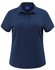 A navy high-performance polo shirt for women with a collar and short sleeves. Features a logo on the tag.