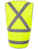 A bright yellow safety vest featuring reflective grey stripes in a cross-back design, with a tail at the bottom.