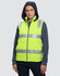 A unisex hi-vis hooded puffer vest in bright yellow with reflective stripes, featuring a hood and a zipped front.