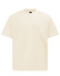A unisex oversized tee in a light cream colour, featuring a simple design and a logo on the label.