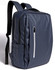 A navy blue PU backpack featuring padded straps and multiple compartments, including a front zip pocket.