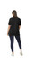 A black Gildan Hammer Adult Double Pique Polo worn by a woman, displayed from the back, paired with navy leggings.